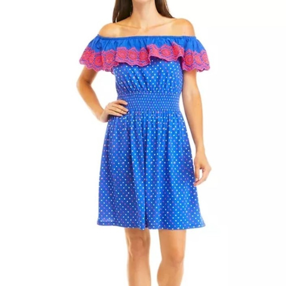 NWOT Lilly Pulitzer Kalama Off Shoulder Ruffle Smocked Dress Blue Squared